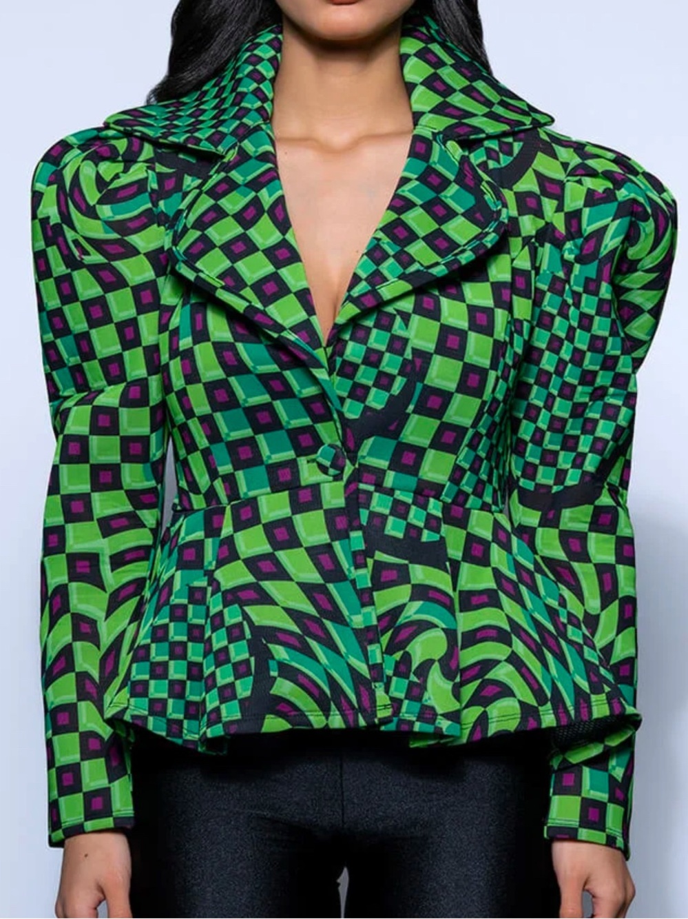 CQ by CQ Optical Checkered Green Puff-Sleeve Peplum Blazer size L Bold Artsy
